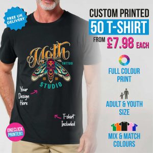 50 custom printed t shirts bulk order UK full colour print
