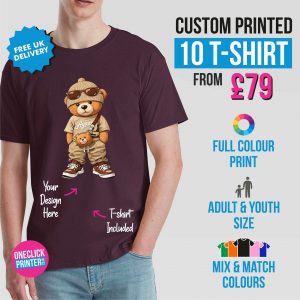 10 custom printed t shirts bulk order UK full colour print