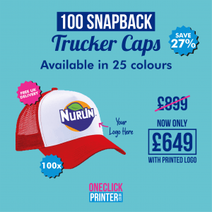 100 x Snapback Trucker Baseball Cap with Logo Printed