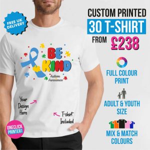 30 custom printed t shirts bulk order UK full colour print